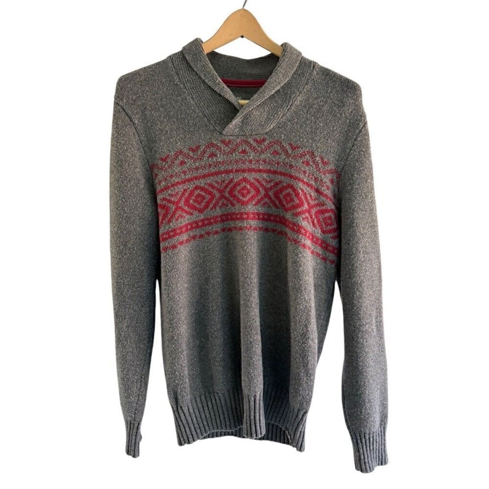 Eddie Bauer Men Sz M Gray Red Shawl Collar Southwestern Aztec Wool Blend Sweater